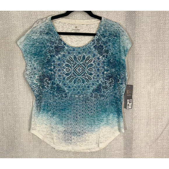 Daisy Fuentes Top Womens Medium Blue Burnout Cap Sleeve Intage Tee Blouse NWT - Picture 1 of 9